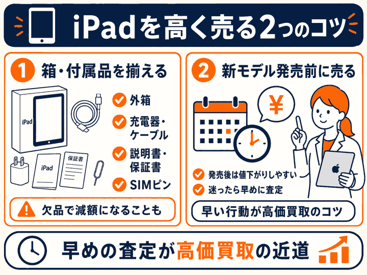 iPadを高く売る方法は箱・付属品を揃えて査定に出す時期に気をつけるの図解